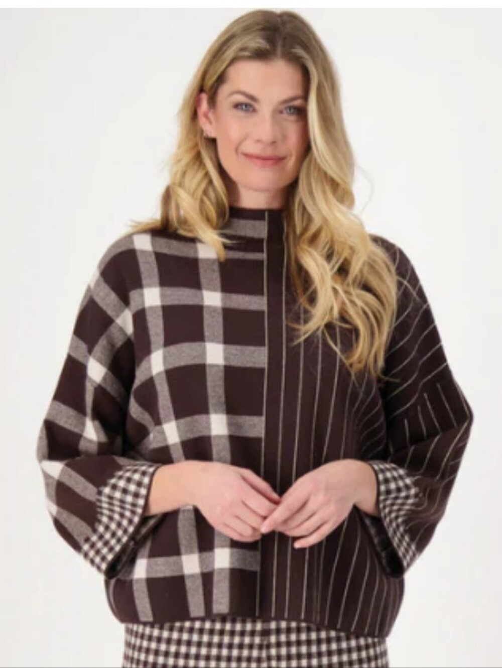 Gabby Isabella Brown Cream Mixed Plaid & Pinstripe Boxy Short Sleeve Sweater XL